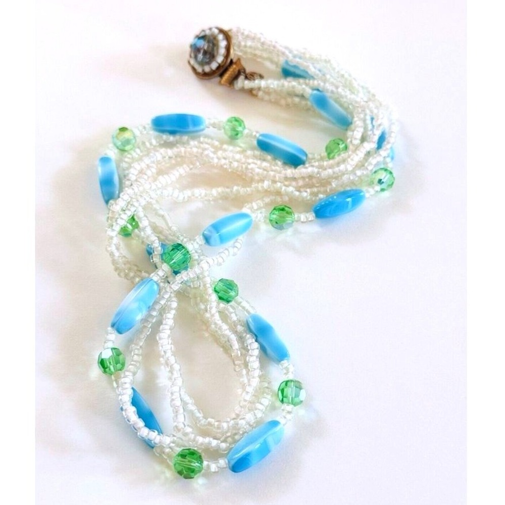 Vtg Art Glass Crystal Necklace Beads Multi Collar Retro blue Green Pastels 60s